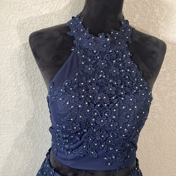 Say Yes To The Prom Navy Blue Lace Halter Dress - Picture 5 of 15